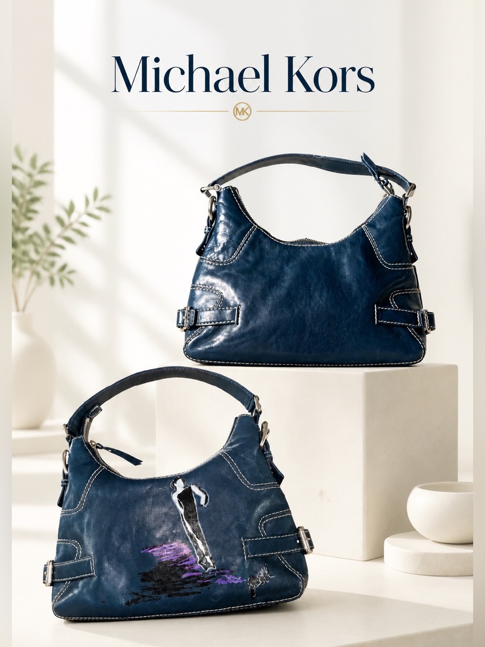 Michael Kors Dark Teal Leather Hobo Shoulder Bag. Professionally Hand Painted